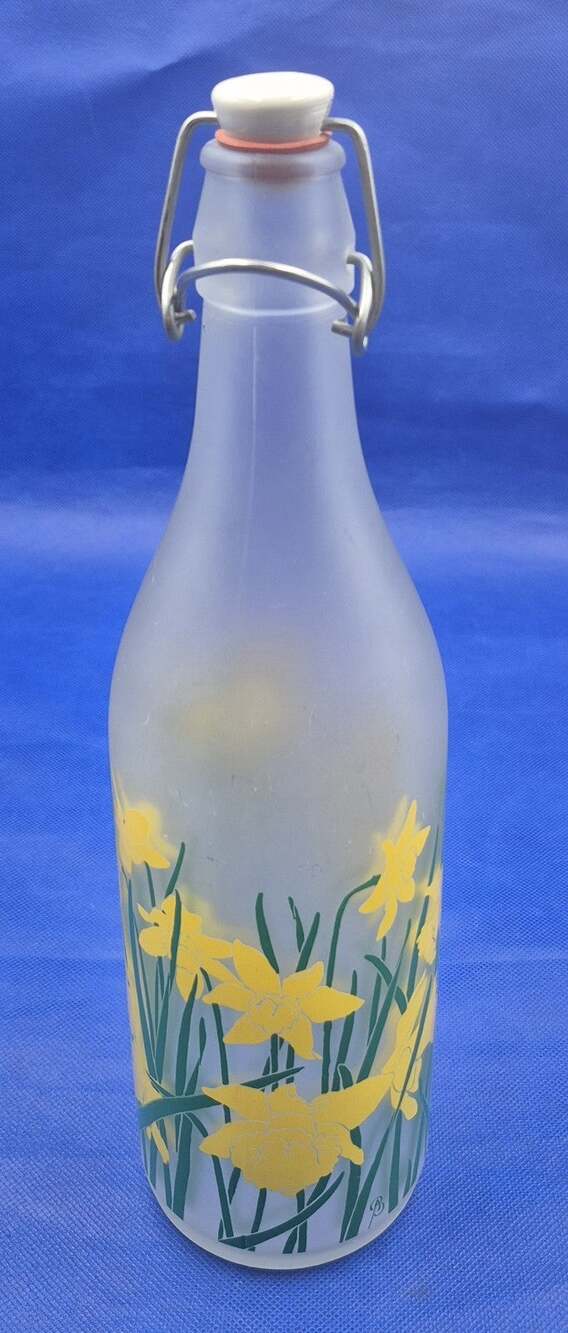 Vintage Cerve Italy Frosted Bottle Painted Daffodils Swing-top Lid 12.5" Tall